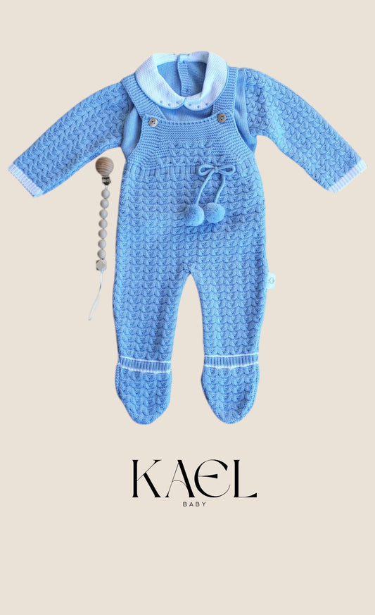 SET NEWBORN SALOPETTE KNITTED CIELO